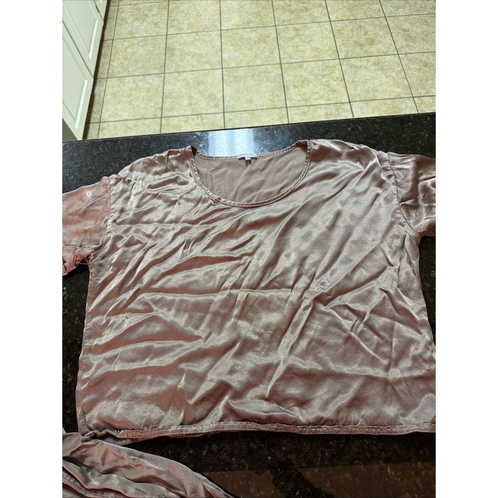 PJ Harlow Satin Pajama Set Bertie Top Mo Bottoms Brown Silky Short Sleeve Sz XS - Picture 2 of 11